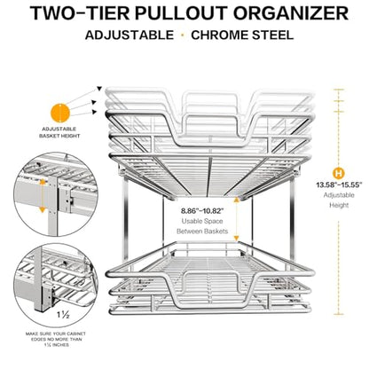 2-Tier Kitchen Cabinet Pull Out Shelf and Drawer Organizer Slide Out Pantry Storaqe Basket in Multiple Sizes (14" W x 21" D) - size: 14" W x 21" D