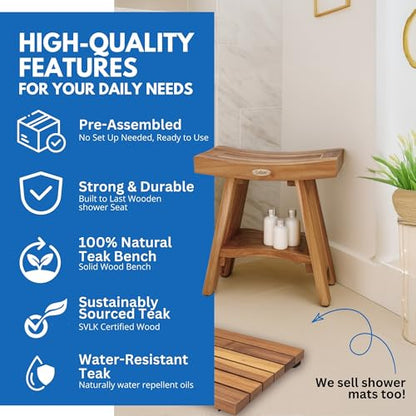 EcoDecors Serenity 18" Teak Shower Bench Bundle with Care Kit | Shower bench with adjustable non-slip feet provides secure stability on wet, sloped, or uneven shower floors - size: 18" Shelf Assembled + 2 pack Cleaner & Teak Oil
