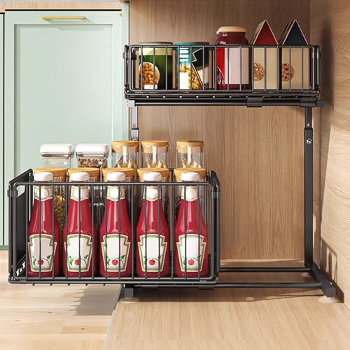 CuisinSmart Pull Out Cabinet Organizer, 2 Tier Under Sink Organizer, Slide Out Metal Kitchen Drawer Shelf, Storage Shelves for Home Laundry Room RV Pantry Spice Black