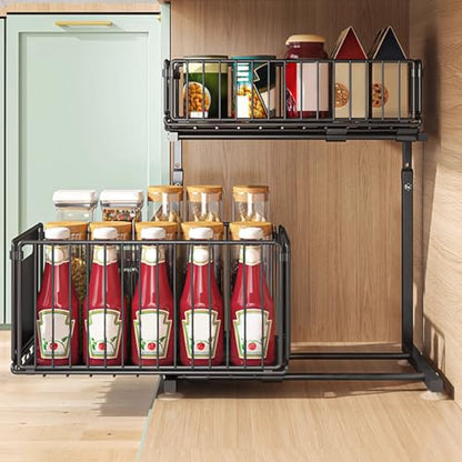 CuisinSmart Pull Out Cabinet Organizer, 2 Tier Under Sink Organizer, Slide Out Metal Kitchen Drawer Shelf, Storage Shelves for Home Laundry Room RV Pantry Spice Black
