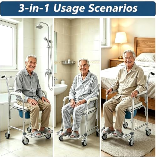 Bedside Commode Chair with Wheels, 350 lb Capacity, 4-in-1 Rolling Shower Chair, Portable Commode Toilet, Raised Toilet Seat with Padded Seat, Backrest & Flip-Up Footrest, Detachable 5L Bucket - size: Commode Chair with Wheels