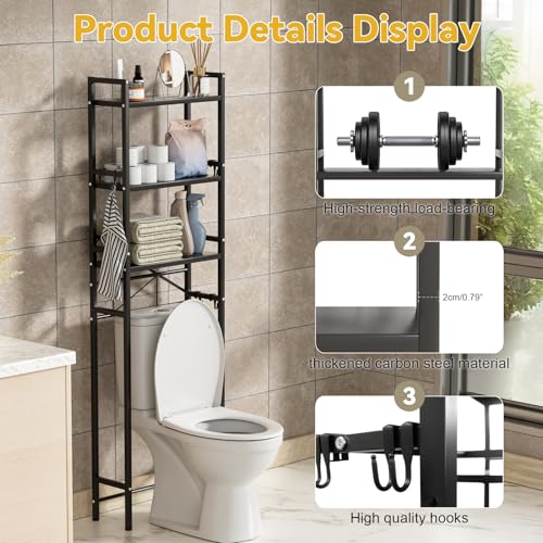 Over The Toilet Storage Carbon Steel, Bathroom Over Toilet Organizer Rack with Adjustable Shelf, 3-Tier Freestanding Above Toilet Shelf for Bathroom, Laundry, Space Saver,18.9"Wx7.9"D x65"H