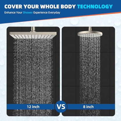 Hibbent cUPC Certified High Pressure 12'' Rain Shower Head, Brushed Nickel | Thickness Metal Showerhead, Square Large Bathroom Rainfall Shower Head, Adjustable Brass Ball, Waterfall Full Body Coverage - color: Brushed Nickel, style: Square 12''