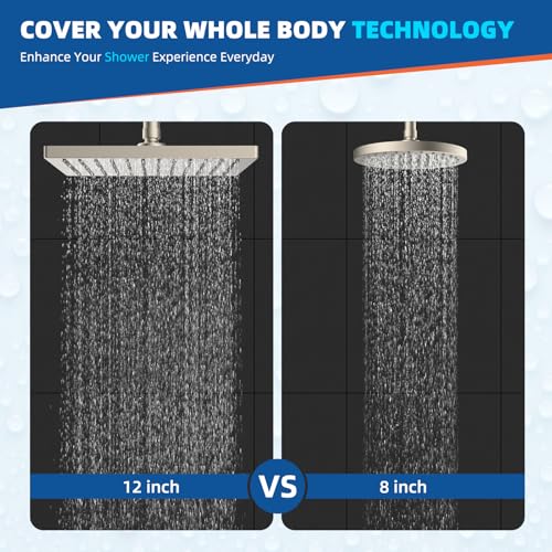 Hibbent cUPC Certified High Pressure 12'' Rain Shower Head, Brushed Nickel | Thickness Metal Showerhead, Square Large Bathroom Rainfall Shower Head, Adjustable Brass Ball, Waterfall Full Body Coverage - color: Brushed Nickel, style: Square 12''