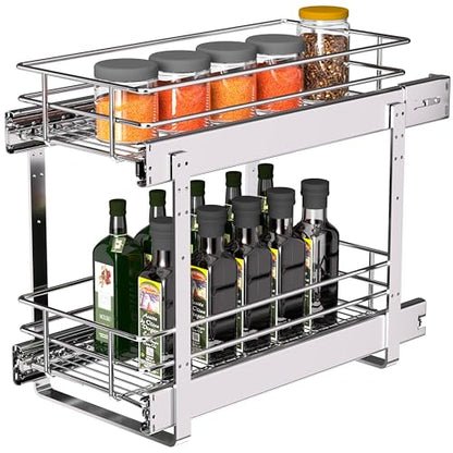 2-Tier Narrow Cabinet Pull Out Shelves, 8" W x 22" D, Chrome | Heavy-Gauge Wire Sliding Shelves, 100 lbs Limit, Ball-Bearing Glides, 3 Heights, Min 9" Opening, For Spices & Under Sink - size: 8 x 22 Inch