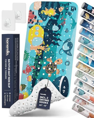 homerella Bathtub Mat Non Slip Kids 40x16 Baby Bath Mat Non Slip Anti Mold | 100% BPA Free, Non Toxic, Mildew Resistant, Machine Washable, Extra Long Kids Bath Mat for Tub Non Slip, Toddler Bath Mat - color: Turquoise Ocean Friends, size: 40" x 16" (Recta