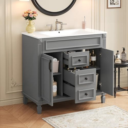 Merax 36" Bathroom Vanity with Sink, 2 Doors & 2 Drawers Storage Cabinet | Freestanding Single Bathroom Sink Vanity Cabinet Set with 36" Ceramic Sink (Sink Cabinet Only, Gray) - color: Grey, style: Sink Cabinet Only