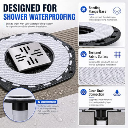 4-Inch Square Shower Drain Kit, Hex Bonding Flange, Brushed Silver | Removable 304 stainless steel grate with hair strainer; fits 2- and 3-inch pipes for tiled shower floors and wet areas - size: 4in-Brushed Stainless Steel(N)