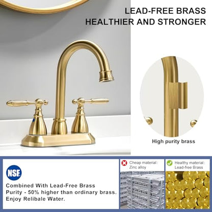 Brushed Gold Bathroom Faucet with Pop-up Drain Assembly, 2 Handles Centerset Bathroom Sink Faucet 4 Inch with 360° Swivel Spout, Stainless Steel Faucet for Vanity Sink with Water Supply Lines - color: Brushed Gold, size: 4 Inch