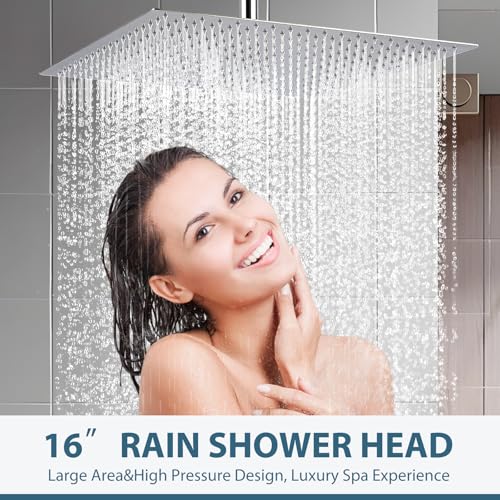 16inch Rainfall Shower Head, Ultra Thin 304 Stainless Steel High Flow Square Rainfall Showerhead, Waterfall Full Body Coverage, Universal Ceiling or Wall Mount, Chrome - color: Chrome, size: 16 Inch