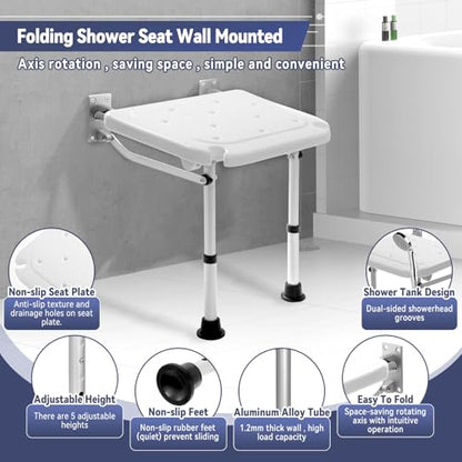TYYIHUA Folding Shower Seat Wall Mounted, Shower Chair for Inside Shower | Adjustable Height from 16.9" to 20.9", Foldable Shower Bench Stool for Adults, Pregnant Women, Elderly and Disabled