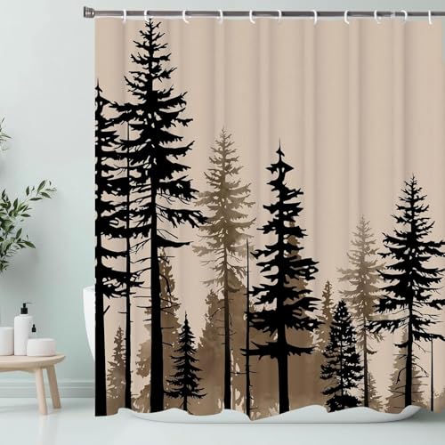 Farmhouse Forest Shower Curtain, Pine Trees Retro Vintage Misty Woodland Fabric Shower Curtains Set, Nature Cabin Cottage Rural Bathroom Curtains with Hooks, Brown Black 72X78inches - color: Multi-9, size: 72"W x 78"L (Pack of 1)
