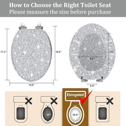 Bathroom Elongated Resin Toilet Seat, Silver Glitter Seamless Texture, Quiet Close, Quick Release Hinges, Decorative, Easy to Install & Clean, with Cover Bumpers (Oblong)
