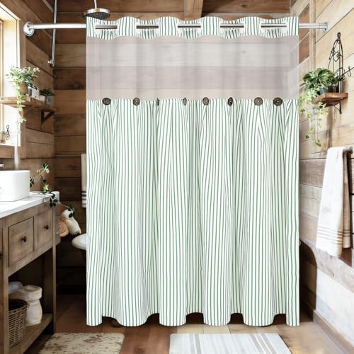 ASPMIZ Farmhouse Striped Shower Curtain and Liner Set No Hook, Green 71x86 | No Hook Shower Curtain with Snap in Liner Fabric, Rustic Washable Waterproof Bathroom Curtains with Button, Mesh Top Window - color: Green Striped, size: 71"W x 86"L (Pack of 1),