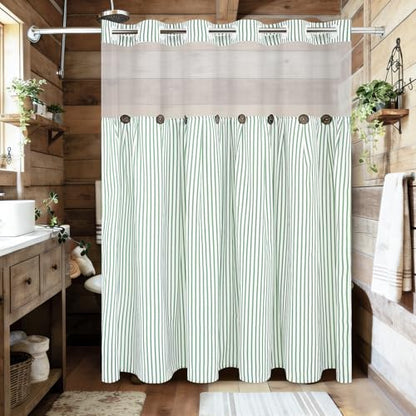 ASPMIZ Farmhouse Striped Shower Curtain and Liner Set No Hook, Green 71x86 | No Hook Shower Curtain with Snap in Liner Fabric, Rustic Washable Waterproof Bathroom Curtains with Button, Mesh Top Window - color: Green Striped, size: 71"W x 86"L (Pack of 1),