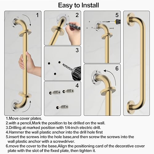 16 Inch Grab Bar 304 Stainless Steel Anti-Slip Bathroom Safety Handrail Wall Mount Assist Grip for Elderly Handicap Bathtub Shower Toilet,GB-4023-BG,Brushed Gold - color: Brushed Gold