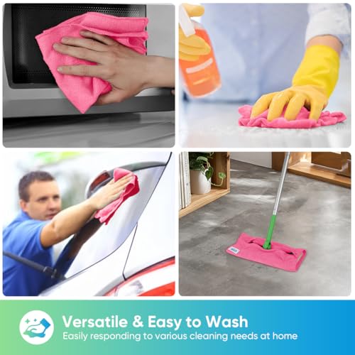 HOMEXCEL 24PK Microfiber Cleaning Cloth, Cleaning Rag for Home, 11.5x11.5in | Reusable, Lint Free, Scratch-Free and Highly Absorbent Towels for Kitchen, Window and Glass, Cars, Pink - color: Pink