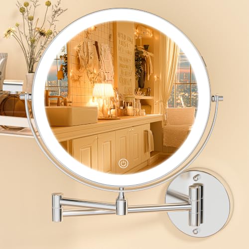 Wall Mounted Lighted Makeup Mirror with Extended Arm for Bathroom | Round 8.5 Inch Double Side 1X/10X Magnifying, 360° Swivel, 19.7 Inch Extended Arm, 3 Color Lights Dimmable, Rechargeable - color: Chrome