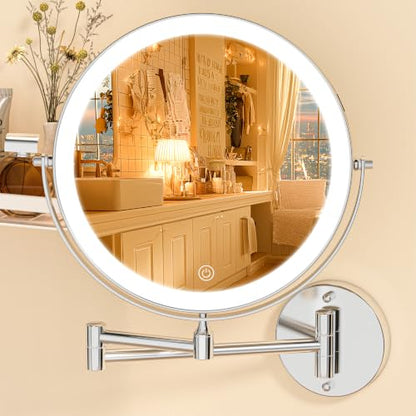 Wall Mounted Lighted Makeup Mirror with Extended Arm for Bathroom | Round 8.5 Inch Double Side 1X/10X Magnifying, 360° Swivel, 19.7 Inch Extended Arm, 3 Color Lights Dimmable, Rechargeable - color: Chrome