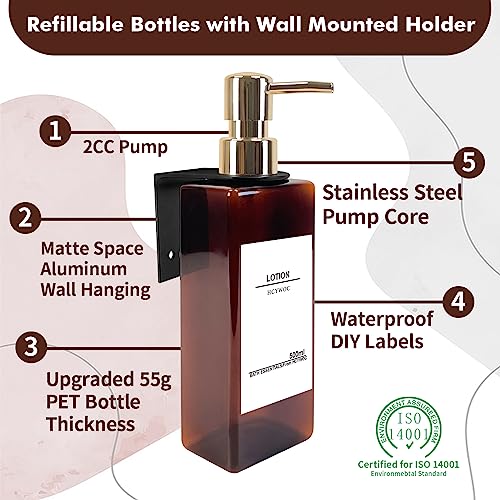 Shampoo and Conditioner Dispenser, No Drill, 16 Waterproof Labels | Shampoo Dispenser for Shower Wall, Shower Soap Dispenser Wall Mounted 3 Chamber, Bathroom, 17oz, Gold Amber - color: Amber Bottle + Gold Pump