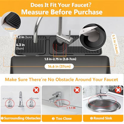 14.6 inch Faucet Mat for Kitchen Sink Splash Guard[7° Slope Fast Self-draining][Snap Lock Fit]Kitchen Sink Faucet Mat Splash Guard Kitchen Sink Area Water Splash Guard Behind Faucet Draining Mat - color: Black, size: 14.6" x 5.5"
