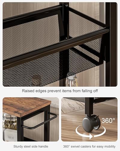VECELO 4 Tier Slim Rolling Cart Organizer, Rolling Carts On Wheels with Storage, Sturdy Metal Frame Narrow Cart with Handle, Space Saving for Kitchen, Bathroom, Laundry, Rustic Brown