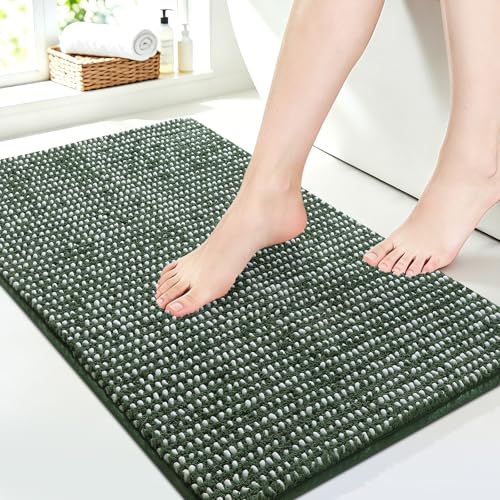 Luxury Chenille Bathroom Rugs Non Slip 36" x24", Extra Soft Absorbent Striped Bath Mats for Bathroom, Machine Washable Quick Dry Shower Floor Rug, Home Decor Accessories, Green & White - color: Green & White, size: 2' x 3' (Rectangular)