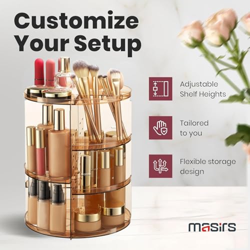 Masirs 360 Rotating Makeup Organizer Countertop, Adjustable Shelf, Brown | 360-Degree Rotating Makeup Organizer, Adjustable Shelf Height, Cosmetic Perfume Skincare Storage, Vanity Countertop, Brown - color: Brown