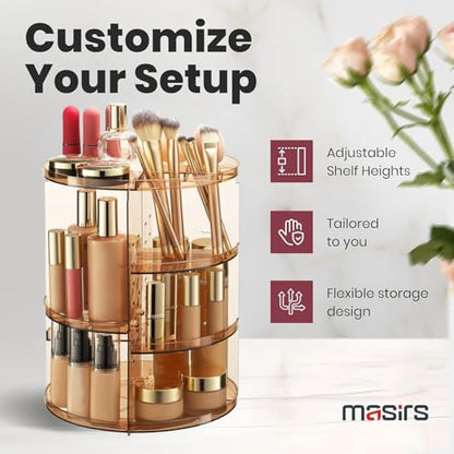Masirs 360 Rotating Makeup Organizer Countertop, Adjustable Shelf, Brown | 360-Degree Rotating Makeup Organizer, Adjustable Shelf Height, Cosmetic Perfume Skincare Storage, Vanity Countertop, Brown - color: Brown