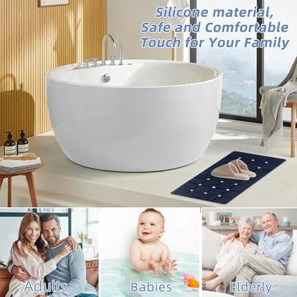 Silicone Bathtub Mat 15" x 28" – Non-Slip Foldable Tub Mat with Strong Suction Cups & Large Drain Holes, Durable & Eco-Friendly, for Smooth Surfaces, Ideal for Seniors, Adults, Navy - color: Navy