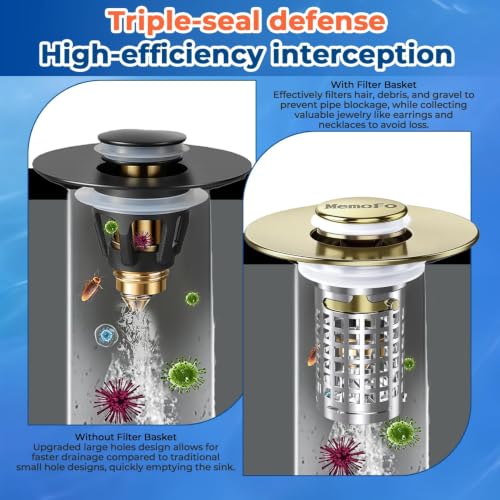Bathroom Sink Drain Strainer(2PCS), Stainless Steel Pop-up Strainer Basket Hair Catcher with Removable Basket, Brass Bullet Core, Universal Fit 1.1-2.36 Inch Brushed Gold