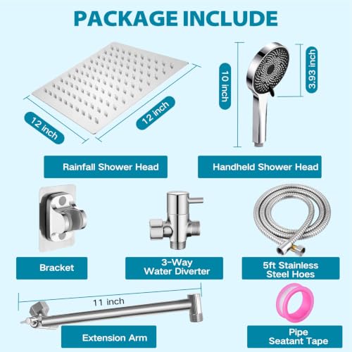 Shower Head, Rain Shower Head with Handheld Spray Combo, 12Inch Adjustable High Pressure Rainfall Shower Head, Dual Showerhead Set with Extension Arm - color: Sliver, size: 12 Inch