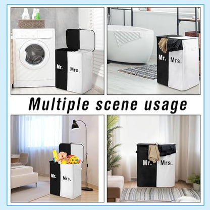 DoubleFill 154L Large Double Laundry Hamper with Lid and Removable Bags Laundry Basket 2 Section Collapsible Dirty Clothes Hamper for Bathroom Bedroom for Husband&Wife Parents or Couple (Mr. Mrs.) - style: Mr. Mrs.