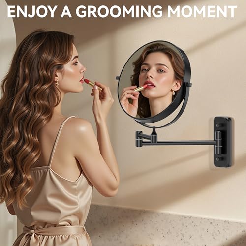 Auxmir 8" Double-Sided Wall-Mounted Makeup Mirror, 1X/30X Magnifying Mirror | stainless steel, 13-inch extendable swivel arm, 360°shaving rotation, bathroom makeup mirror, tweezers, Black - color: Black-1x/30x