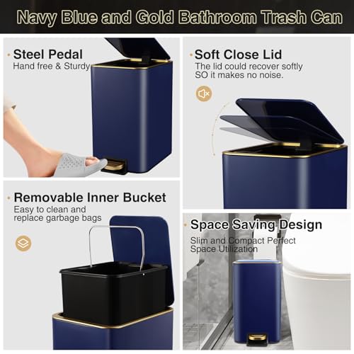XLHOMO Navy Blue Bathroom Accessories Set 8 Piece Navy Blue and Gold Bathroom Set, Bathroom Sets with Stainless Steel Trash Can,Toilet Brush,Toothbrush Set,Soap Dispenser - size: Navy blue, style: Bath Set