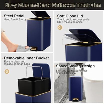 XLHOMO Navy Blue Bathroom Accessories Set 8 Piece Navy Blue and Gold Bathroom Set, Bathroom Sets with Stainless Steel Trash Can,Toilet Brush,Toothbrush Set,Soap Dispenser - size: Navy blue, style: Bath Set