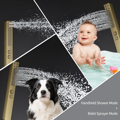 10" Square Rainfall Bathtub and Shower Trim Systems with Rotating Handheld Sprayer, Foldable Tub Spout, Wall-Mounted, Solid Brass Valve with Shampoo Platform- Brushed Gold (Square, Brushed Gold) - style: Square