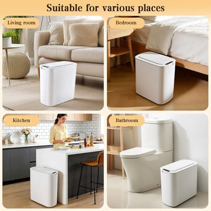 VZZNN 2 Pack Bathroom Trash Can with Lid 5Gal + 2.6Gal Bathroom Trash can - Touchless Smart Motion Sensor Trash can for Office, rv, Bedroom, Living Room, （White ）