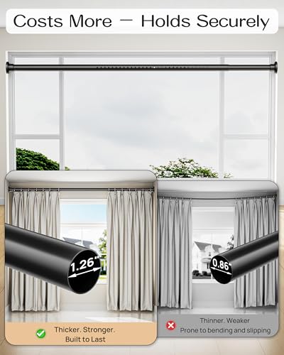 Extra Long Tension Curtain Rod No Drill by EZFurni, 82–123 Inch Heavy Duty Tension Rod with Lock-In Stability, Spring-Loaded Non-Slip Secure Hold for Shower, Window, Patio, 1.26" Diameter, Black - color: Black, size: 82-123 Inches