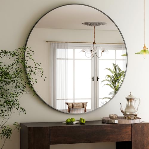 HARRITPURE 48 Inch Round Mirror Black Circle Bathroom Mirror | Modern Aluminum Alloy Frame Large Vanity Wall Mirror for Living Room, Bedroom, Entryway - color: Black, size: 48"L x 48"W