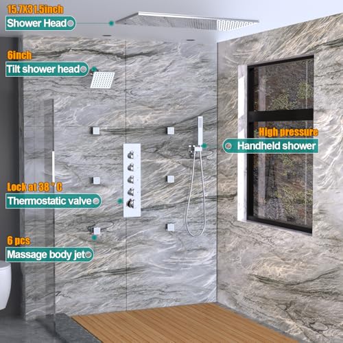 HOMEDEC Dual Shower Heads Shower System with Rain Shower and Handheld, 6pcs Body Jets with 15.7x31.5" Rainfall and 6" Shower Heads, Chrome - color: Chrome, style: 4-Way + 1x 6" Top