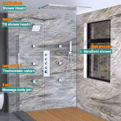 HOMEDEC Dual Shower Heads Shower System with Rain Shower and Handheld, 6pcs Body Jets with 15.7x31.5" Rainfall and 6" Shower Heads, Chrome - color: Chrome, style: 4-Way + 1x 6" Top