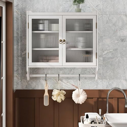 Retro Style Haze Double Glass Door Wood Wall Cabinet with Detachable Shelves for Office, Dining Room,Living Room, Kitchen and Bathroom White Washed - color: White Washed