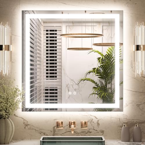 Keonjinn 30x30 Inch LED Bathroom Mirror with Lights, Frontlit & Backlit | HD Tempered Grass, 3-Color Temperature & Stepless Dimmable Lighting, Fast & Safe Defogging, Effortless Installation - size: 30"L x 30"W