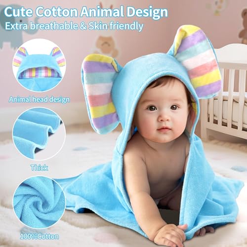 VOOVA & MOVAS Blue Baby Hooded Bath Towels, Organic 100% Cotton,33"X31.5" - color: Baby Blue Elephant, size: 33 x 31.5 inches