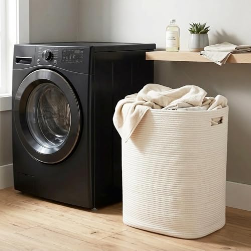 Large Laundry Hamper 16"x13"x22" - Tall Woven Laundry Basket, Cotton Rope Dirty Clothes Hamper, Baby Kids Nursery Wicker Laundry Basket, Bedroom Aesthetic, Soft Laundry Bin, White Hamper, 75L - color: White