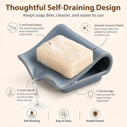 Zoeeker Self-Draining Soap Dish, Ceramic Soap Holder with Drain Spout | Bar Soap Saver Waterfall Design Drying Tray for Shower Bathroom Kitchen Bathtub, Sink Organizer Tray, Extends Soap Life, Blue - color: Blue