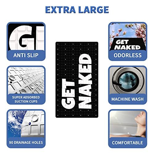 Get Naked Black Extra Long Non Slip Shower Mat - 26.8x15 inches, Suction Cups, Drain Holes, Machine Washable - color: Get Naked Black