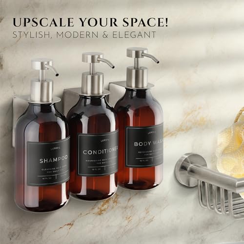 Shower Shampoo Dispenser Wall Mounted – 3 Refillable 16.9 oz Amber Bottles with Stainless Steel Pumps & No-Drill Adhesive Holders – Soap Dispenser Set for Bathroom (3 X Amber/Silver) - color: 3 X Amber/Silver