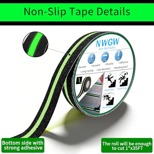 Glow in Dark Anti Slip Tape, 1" x 35FT Heavy Duty Waterproof Safety Grip Tape for Stairs, Pool, Bathroom - Black & Glow Stripe Indoor/Outdoor Multi-Purpose Traction Tape - size: 1 Inch x 35 Feet